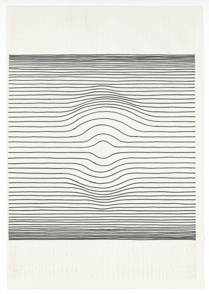 May include: An abstract black and white artwork featuring a series of horizontal lines that curve and undulate to create a three-dimensional effect. The lines are evenly spaced and give the illusion of depth.