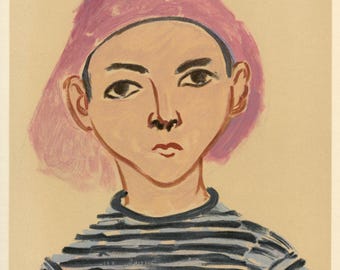 May include: A portrait painting of a person wearing a pink pointed hat and a blue and black horizontal striped shirt. The figure has dark eyes, dark hair, and a neutral expression, rendered with visible brushstrokes on a light tan background.