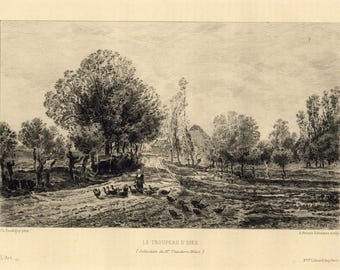 Acquaforte di Charles Daubigny "Le Troupeau d'Oies".