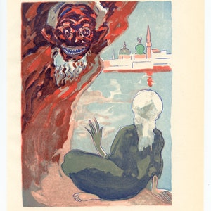 Może przedstawiać: Ilustracja przedstawiająca scenę z dużą, czerwoną, demoniczną postacią z szerokim uśmiechem i osobą w ciemnej szacie i białym nakryciu głowy. W tle panorama miasta z kopułami i minaretem.