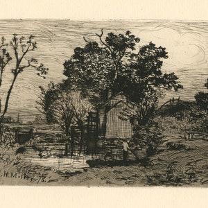 Charles Henry Miller original etching &quot;Old Mill at Valley Stream&quot;