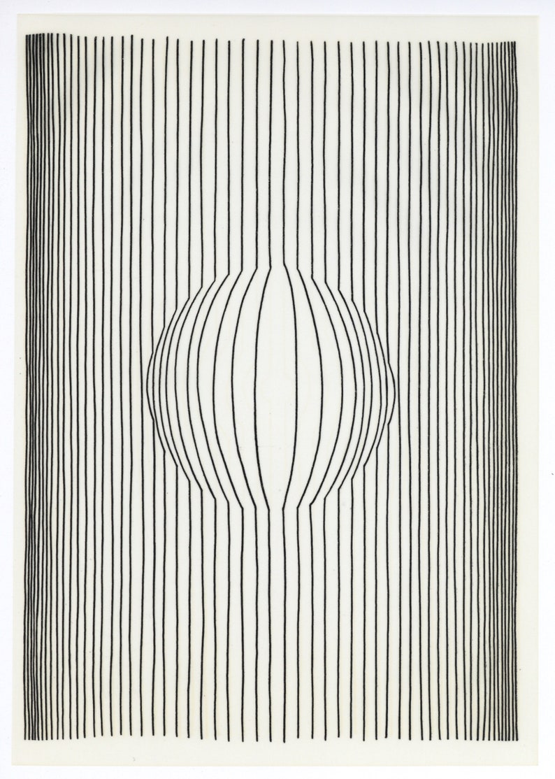 May include: Black and white optical illusion art print. Vertical black lines create a background, with a central, curved shape that appears to bulge outward. The artwork is on a white background.