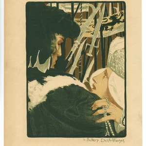 Op de afbeelding: Een antieke prent die een man in een donkere hoed en mantel toont, die kijkt naar een huilende vrouw met een witte sluier. Zwaarden en een wapen zijn op de achtergrond te zien. De prent is gesigneerd "h Belkry Derfontaines".