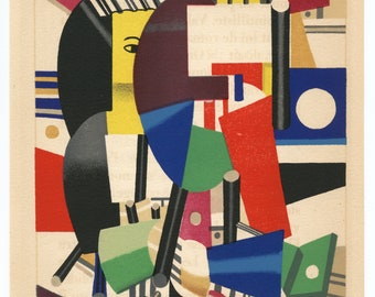 May include: Abstract art print with geometric shapes in red, blue, green, yellow, and black. The artwork features a combination of lines, curves, and solid blocks of colour, creating a dynamic composition. The print has a vintage aesthetic.