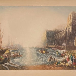 May include: A framed print of a historical scene, showing boats, buildings, and figures. The artwork depicts a harbour with many boats, detailed architecture, and people in period clothing. The colour palette includes muted blues, browns, and greens.