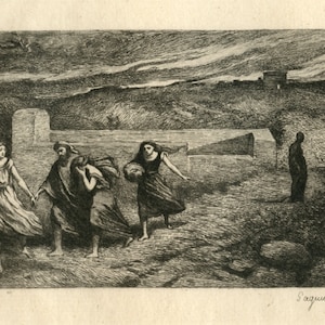May include: A black and white etching depicts a landscape with figures. Three people in flowing garments walk along a path, while a solitary figure stands nearby. A building is visible in the background. The text "Carot pinx" and "Saguiermie sculp" are at the bottom.