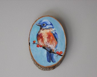 Robin Gift . Christmas Robin . Red Bird Wall Hanging . Wood Slice Ornament . Robin Oil Painting . Bird Lovers Gift . Robin Portrait on Wood