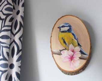 Blaumeise Malerei. Holzscheibe Vogel Portrait. Cottagecore Dekor. Vogel Kunst. Vogel Mini Gemälde. Ölbemalte Holzscheibe. Vogel Liebhaber Gif