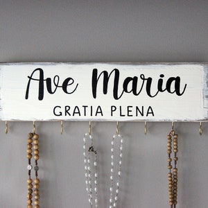 Rosary Hook Birthday Gift . Custom Catholic Gift . Rustic Rosary Hanger . Catholic Family Prayer Wall . Rosary Display . Hand Painted Sign White + Black