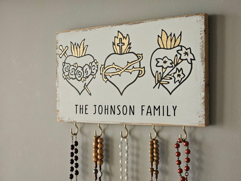 Personalized Catholic Gift . Sacred Hearts of Three . Rosary Holder Wall . Catholic Prayer Wall. Rosary Display . Catholic Housewarming Gift image 2