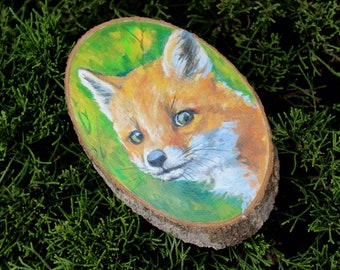 Hand Painted Fox . Wood Slice Wall Hanging Decoration . CottageCore Décor . Oil Painting Fox Tree Slice Art . Christmas Gift Fox Portrait