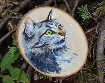 Gray Cat Portrait Gift . Hand Painted Cat . Wall Hanging Wood Slice Ornament Animal . Cottage Core Décor . Cat Oil Painting . Tree Slice Art