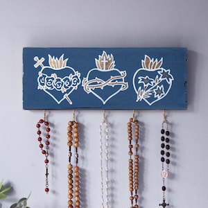 Priest Gift . Vintage Rosary Holder Sacred Hearts . Catholic Birthday Gifts. Catholic Prayer Wall . Rustic Rosary Display . Rosary Hanger Blue