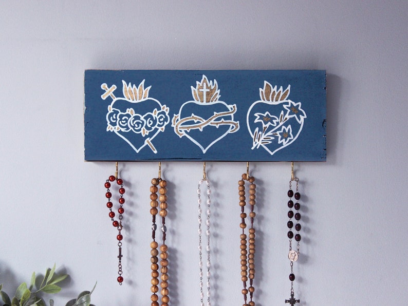 Priest Gift . Vintage Rosary Holder Sacred Hearts . Catholic Birthday Gifts. Catholic Prayer Wall . Rustic Rosary Display . Rosary Hanger Blue