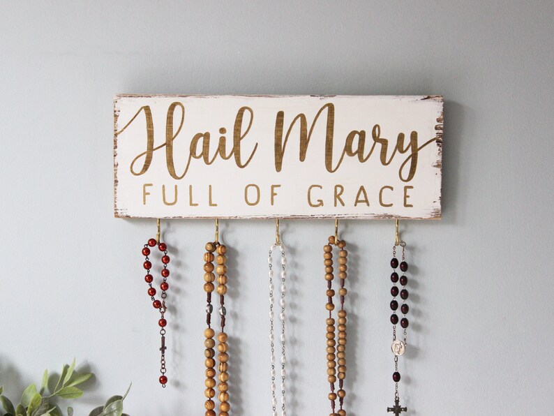 Rosary Wall Holder . Rustic Rosary Display . Rosary Wall Hanger . Catholic Family Prayer Wall White + Gold