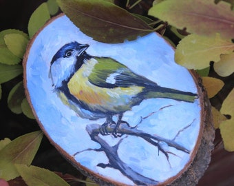 Blaumeise Holz Scheiben Ornament. Vogelbeobachtung Geschenk. Meise Ölgemälde. Vogel Baum Scheibe Ornament. Vogel Kunst Hängen. Blaumeise Liebhaber Geschenk