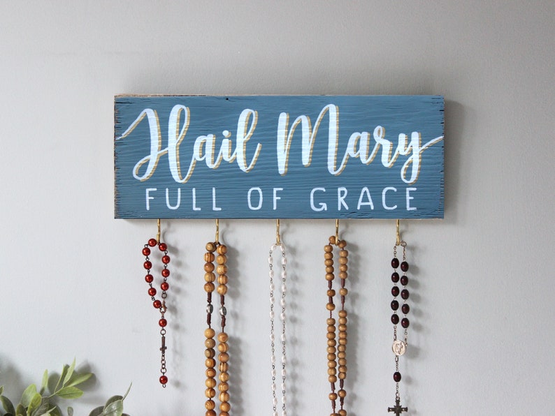 Rosary Wall Holder . Rustic Rosary Display . Rosary Wall Hanger . Catholic Family Prayer Wall Blue + White + Gold