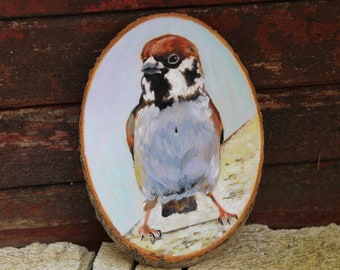 Hand Painted Sparrow . Wood Slice Ornament . Bird Oil Painting Gift .  Rustic Tree Slice Art, Woodland Animal Décor . Holidays Gift Bird Art