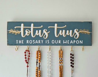 Custom Rosary Holder . Totus Tuus Family Sign for Catholic Wedding Gift . Vintage Catholic Decor . Rustic Rosary Display . Prayer Wall Gift