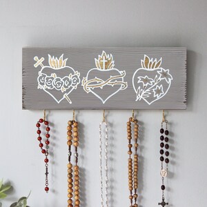 Priest Gift . Vintage Rosary Holder Sacred Hearts . Catholic Birthday Gifts. Catholic Prayer Wall . Rustic Rosary Display . Rosary Hanger image 2