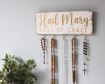 Custom Rosary Holder . Hail Mary Full of Grace . Catholic Birthday Gifts. Catholic Prayer Wall . Hand Painted Rosary Display . Rosary Hanger