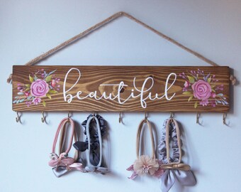 Bow Holder and Headband Organizer . Farmhouse Wood Painting . Girls Nursery Décor . Hand Painted Wood Sign . First Baby Girl Birthday Gifts