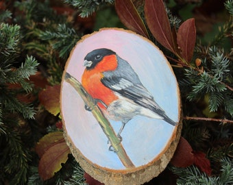 Bullfinch Original Painting . Wood Slice Ornament . Holidays Décor Bullfinch, Oil Painted Christmas Ornament . Bird Lovers Birdwatcher Gift
