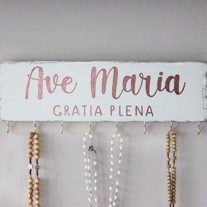 Rosary Hook Birthday Gift . Custom Catholic Gift . Rustic Rosary Hanger . Catholic Family Prayer Wall . Rosary Display . Hand Painted Sign White + Copper