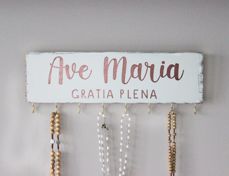 Rosary Hook Birthday Gift . Custom Catholic Gift . Rustic Rosary Hanger . Catholic Family Prayer Wall . Rosary Display . Hand Painted Sign White + Copper