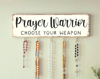 Hand Painted Rosary Holder  Prayer Warrior . Farmhouse Catholic . Custom Rustic Rosary Hanger . Catholic Family Prayer Wall . Catholic Gift