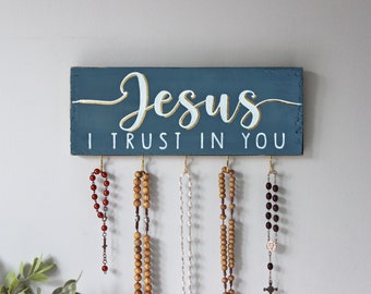 Divine Mercy Rosary Wall Holder . Jesus I Trust in You . Rustic Rosary Display . Rosary Wall Hanger . Catholic Gift . Family Prayer Wall