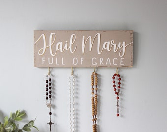 Rustic Rosary Holder . Rosary Wall Hanger . Hand Painted Vintage Catholic Gift . Catholic Prayer Wall . Hail Mary Full of Grace Rosary Hook