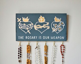 Personalized Rosary Holder . Sacred Hearts . Farmhouse Catholic Decor . Catholic Prayer Corner . Vintage Rosary Display . Catholic Birthday