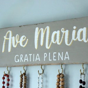 Rosary Hook Birthday Gift . Custom Catholic Gift . Rustic Rosary Hanger . Catholic Family Prayer Wall . Rosary Display . Hand Painted Sign Grey + White + Gold