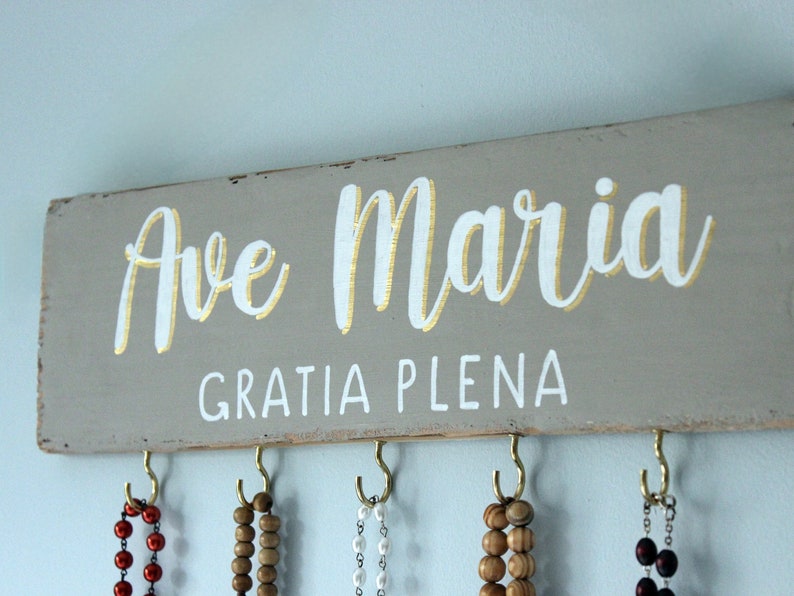 Rosary Hook Birthday Gift . Custom Catholic Gift . Rustic Rosary Hanger . Catholic Family Prayer Wall . Rosary Display . Hand Painted Sign Grey + White + Gold