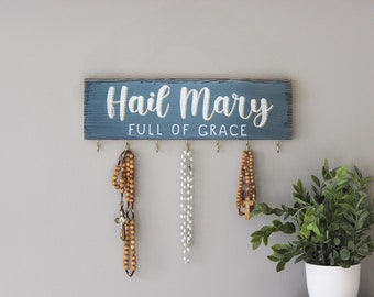 Rosary Wall Hanger . Custom Hail Mary Sign . Rustic Rosaries Holder . Catholic Family Prayer Wall . Farmhouse Rosary Display . Catholic Gift