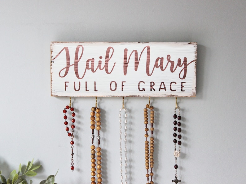 Rosary Wall Holder . Rustic Rosary Display . Rosary Wall Hanger . Catholic Family Prayer Wall White + Copper