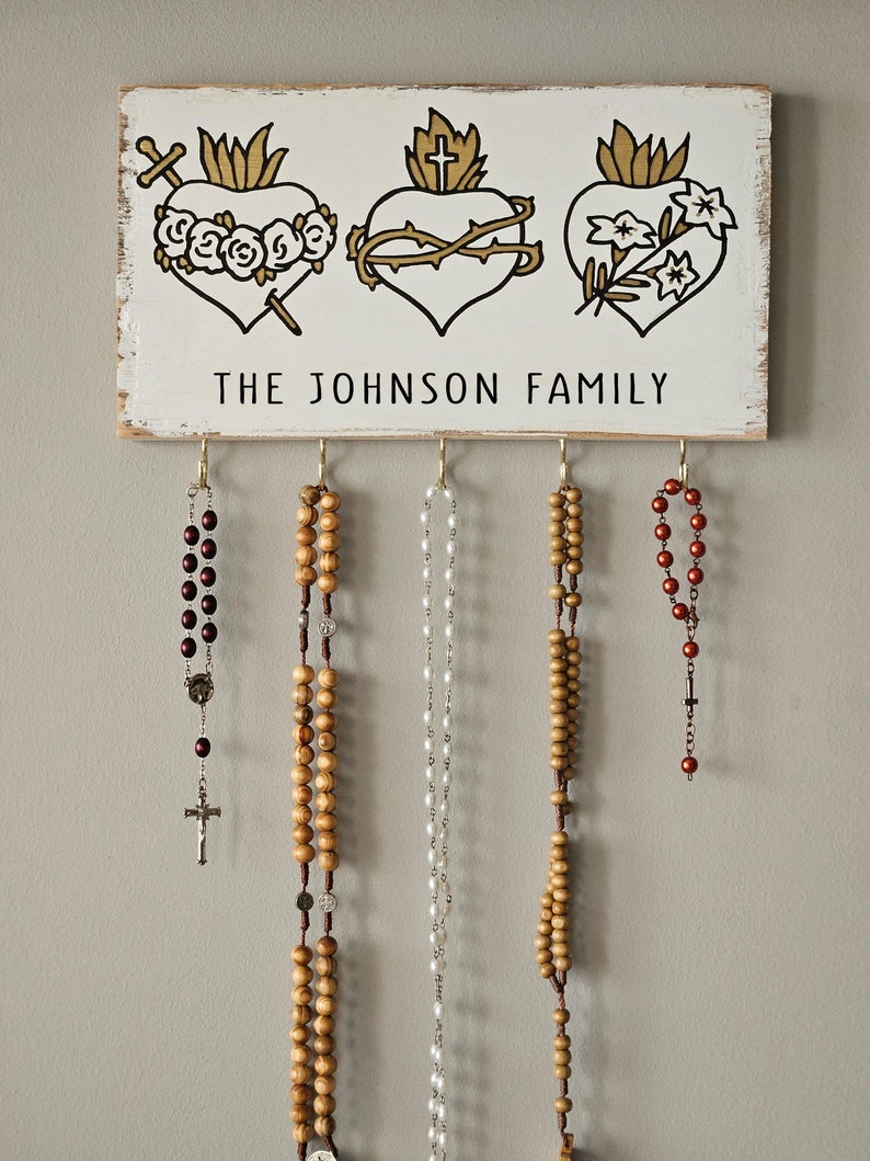 Personalized Catholic Gift . Sacred Hearts of Three . Rosary Holder Wall . Catholic Prayer Wall. Rosary Display . Catholic Housewarming Gift White