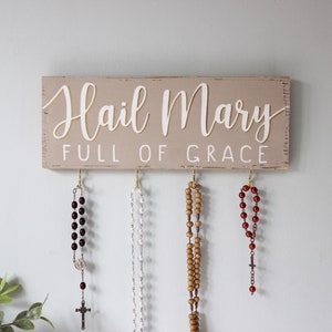 Rosary Wall Holder . Rustic Rosary Display . Rosary Wall Hanger . Catholic Family Prayer Wall Grey + White + Gold