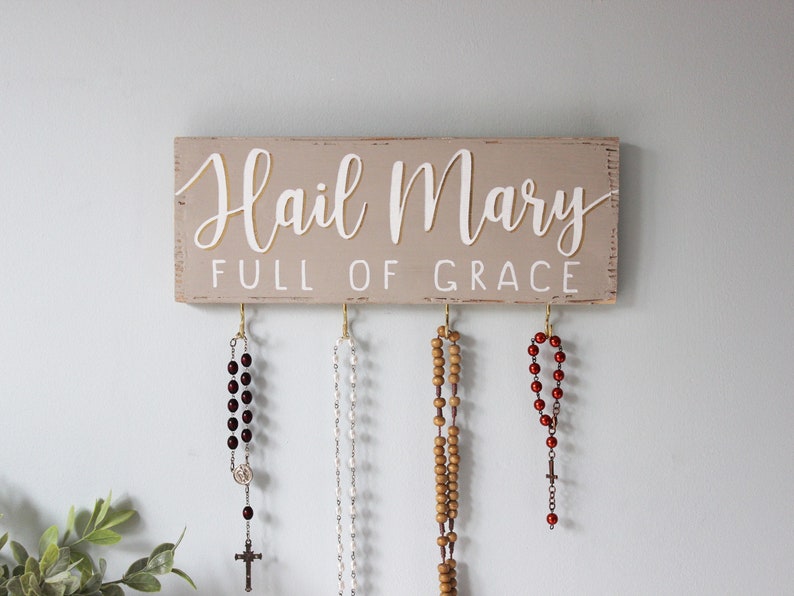 Rosary Wall Holder . Rustic Rosary Display . Rosary Wall Hanger . Catholic Family Prayer Wall Grey + White + Gold