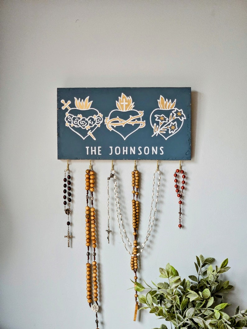 Personalized Catholic Gift . Sacred Hearts of Three . Rosary Holder Wall . Catholic Prayer Wall. Rosary Display . Catholic Housewarming Gift Blue