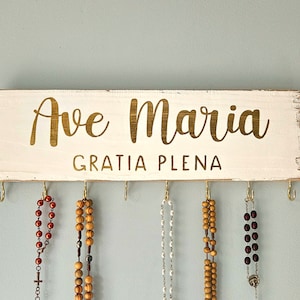 Rosary Hook Birthday Gift . Custom Catholic Gift . Rustic Rosary Hanger . Catholic Family Prayer Wall . Rosary Display . Hand Painted Sign White + Gold