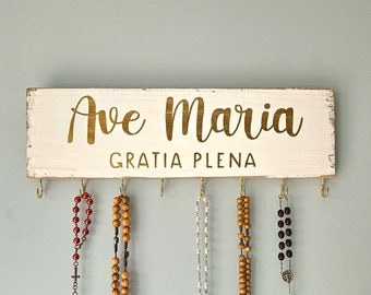 Rosary Hook Birthday Gift . Custom Catholic Gift . Rustic Rosary Hanger . Catholic Family Prayer Wall . Rosary Display . Hand Painted Sign