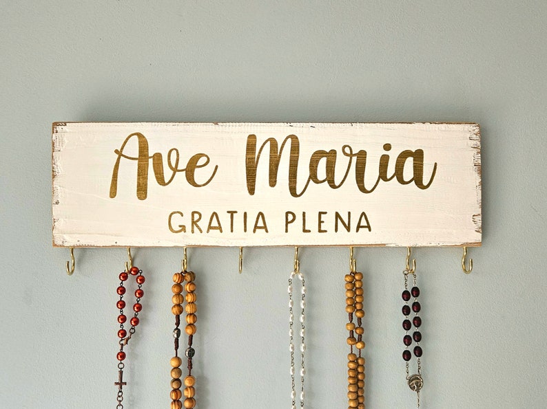 Rosary Hook Birthday Gift . Custom Catholic Gift . Rustic Rosary Hanger . Catholic Family Prayer Wall . Rosary Display . Hand Painted Sign White + Gold