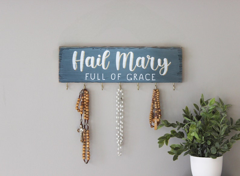 Rosary Hook Birthday Gift . Custom Catholic Gift . Rustic Rosary Hanger . Catholic Family Prayer Wall . Rosary Display . Hand Painted Sign image 3