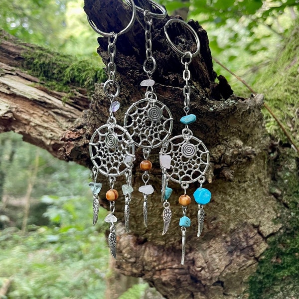 Traditional Tribal Dreamcatcher Sacred Hoop Spiral Of Life Protection Talisman Charm Keyrings With Turquoise, Howlite Fluorite + Rose Quartz