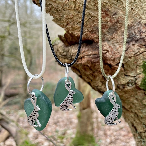 Beautiful Natural Rare Green Scottish Sea Glass Naturally Formed Wonky Love Heart Pendant Necklaces With Rabbit Hare Charms For Good Luck