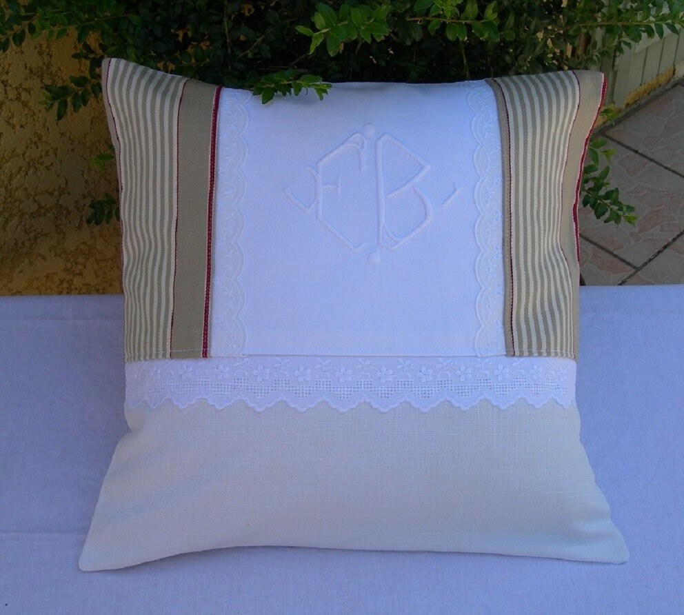 Coussin Coton Toile Ancienne avec Son Mongramme et Sa à Matelas