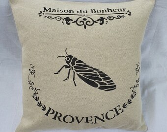 Coussin insecte peint main en coton et lin