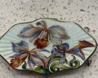 Vintage 835 silver guilloché emalj kompaktspegel, blommigt fodral, jugendstil, puderkompakt, antik sminkbord